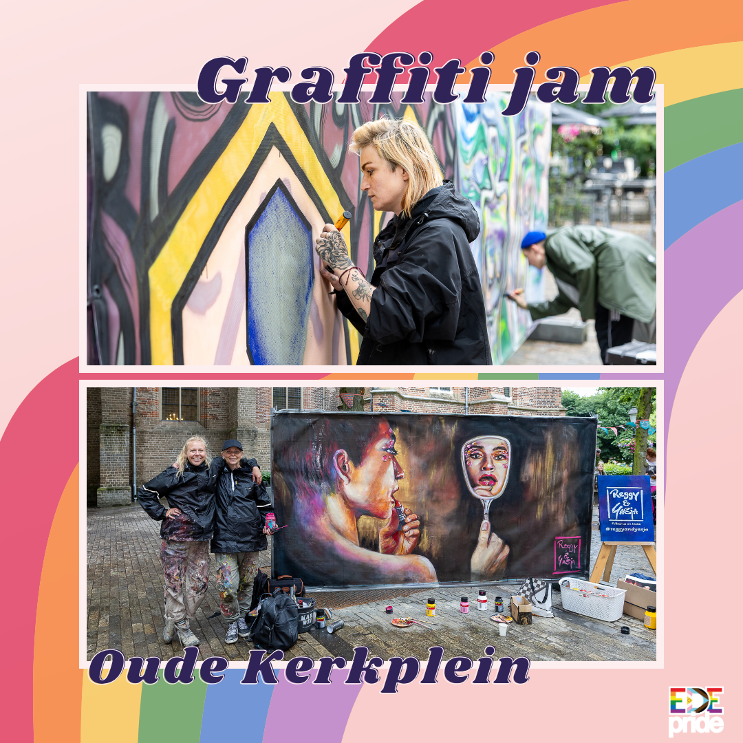 Afbeeldingsbeschrijving voor toegankelijkheid: Een collage van twee foto’s. Op de bovenste foto is van opzij een wit persoon te zien met halflang blond haar die op een groot doek werkt waarop verschillende abstracte vormen zijn afgebeeld. Op de achtergrond is nog iemand te zien die gebukt staat en aan een ander doek werkt. Op de onderste foto zijn van de voorkant twee mensen gefotografeerd met een donker jack aan en een broek met allemaal verfvlekken. Ze hebben hun armen om elkaar heen geslagen en staan naast een groot doek waarop iemand is afgebeeld die lippenstift aanbrengt bij zichzelf en een spiegel vasthoudt. De achtergrond van het doek is donker. Boven de foto’s staat in paarse letters graffiti jam en onder de foto’s staat in paarse letters Oude Kerkplein.