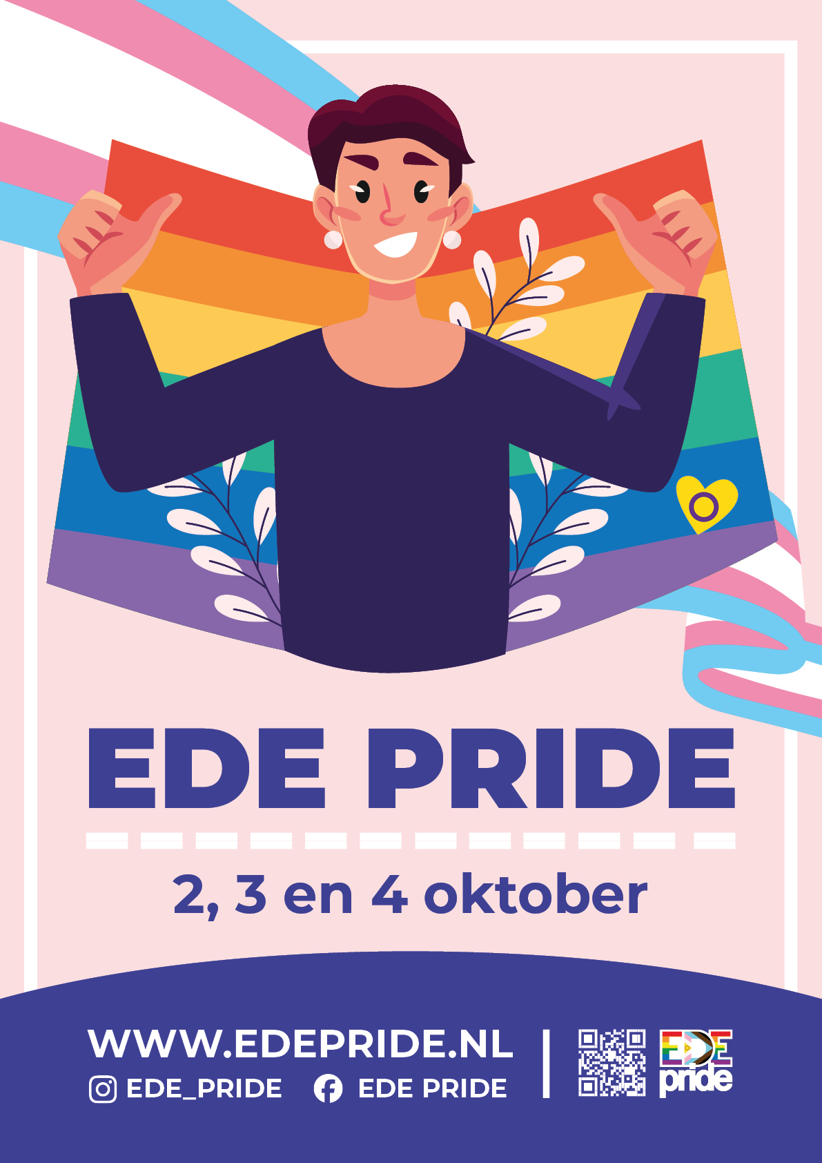 Een illustratie van een persoon met witte huidskleur houdt een regenboogvlag achter zich vast. Daar weer achter zie je de kleuren van de trans-vlag in een sliert op de achtergrond. De achtergrond van de volledige afbeelding is lichtroze. In donkerblauwe letters staat: EDE PRIDE 2, 3 en 4 oktober, www.edepride.nl